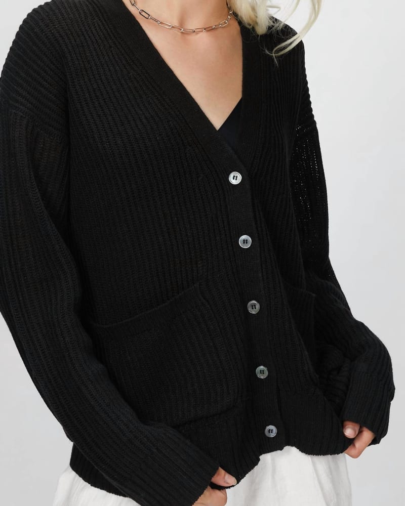 Front of a model wearing a size L Ribbed Kurt Cardigan in Black in Black by 6397. | dia_product_style_image_id:346202